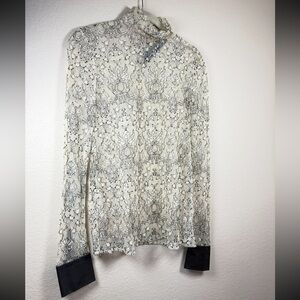Yigal Azrouel Sheer Lace Blouse Leather Cuffs High Neck Ivory Black 2 Whimsigoth